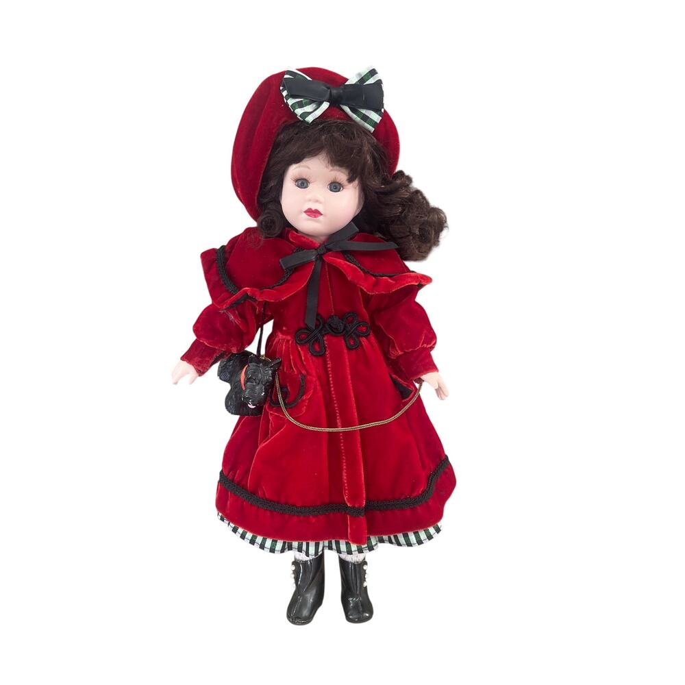 Vintage 16 Inches Porcelain Doll Red Velvet Dress & Hat with Black Dog Figurine